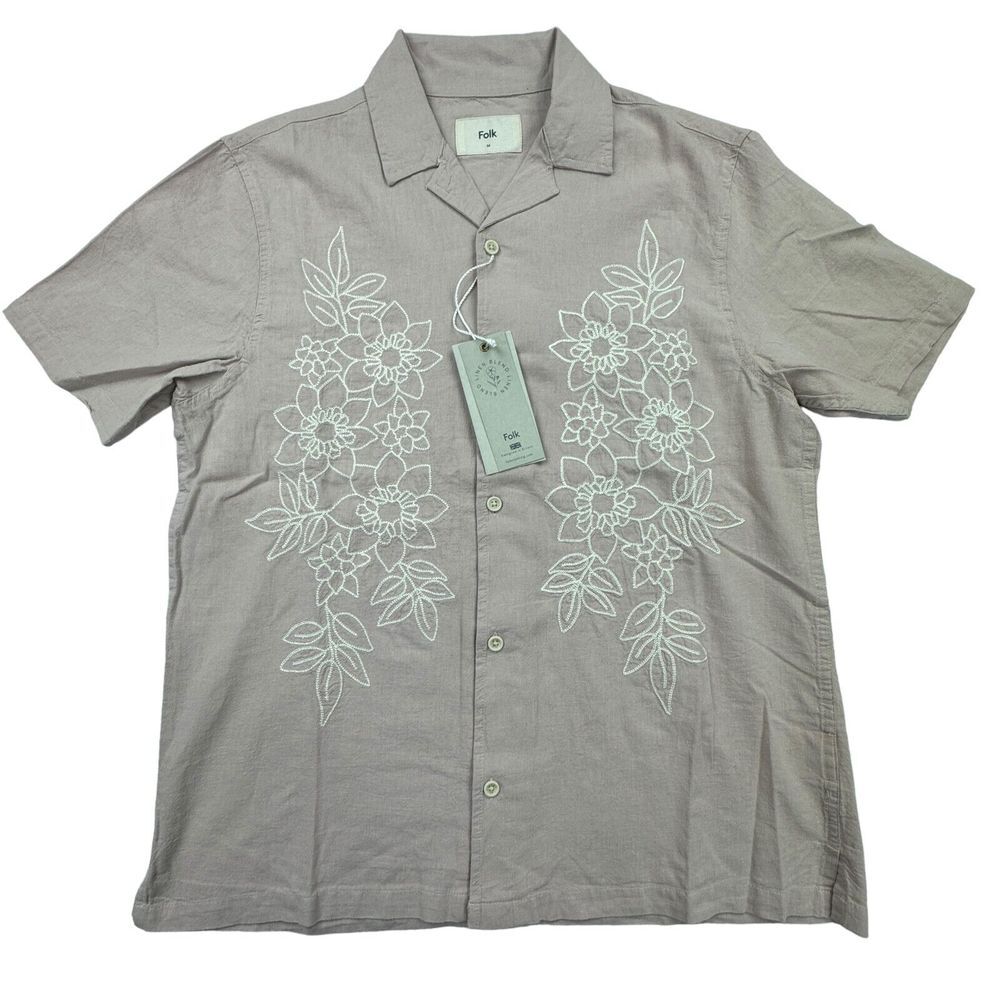 Folk Clothing Shirt Mens M Pink Short Sleeve Button Linen Blend Hawaiian NWT